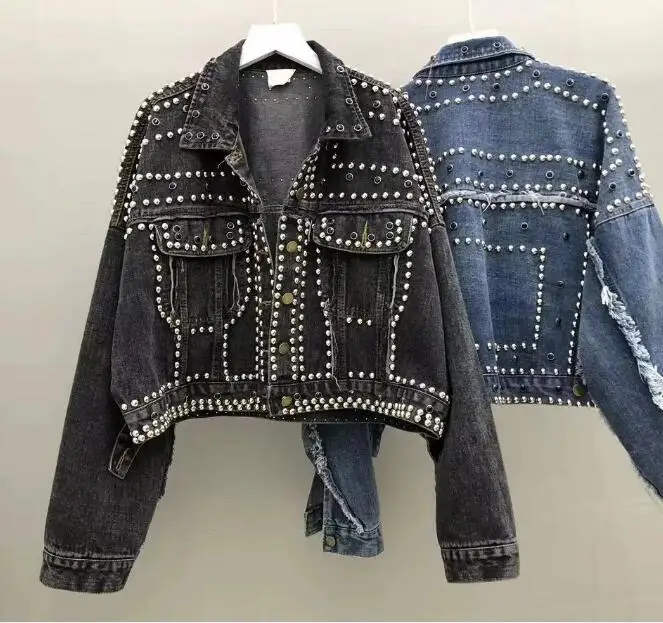 Женская джинсовая куртка с ручными заклепками свободная повседневная короткая