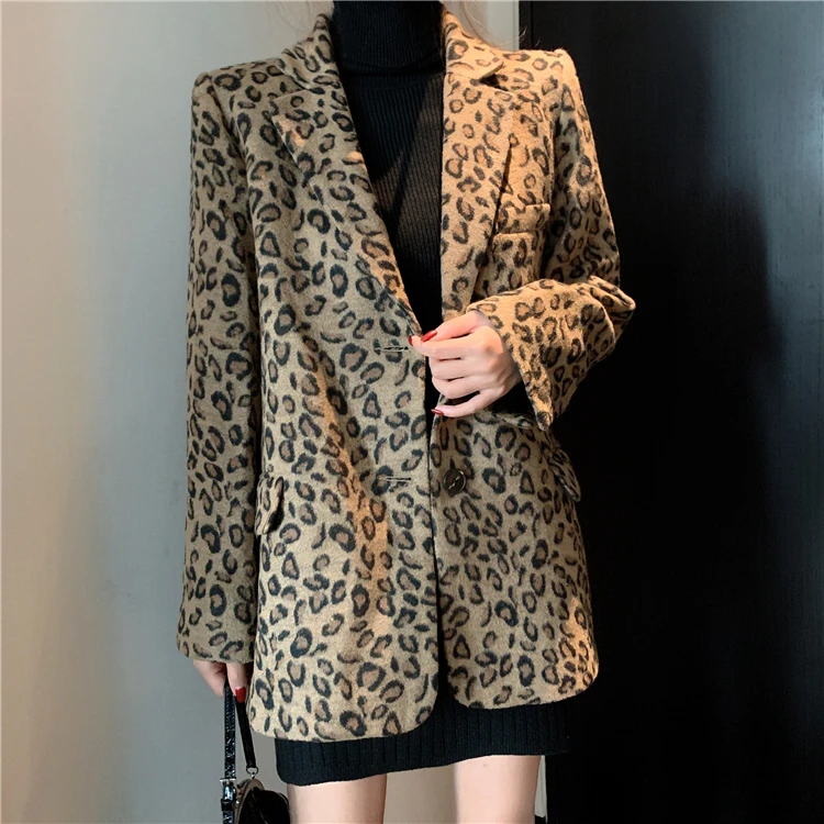

2020 spring and winter new retro woolen leopard blazer mid-length long-sleeved wool suit jacket women high fashion