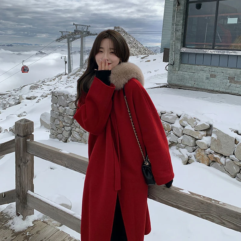 Женское шерстяное пальто Luck A элегантное однотонное с большим меховым воротником