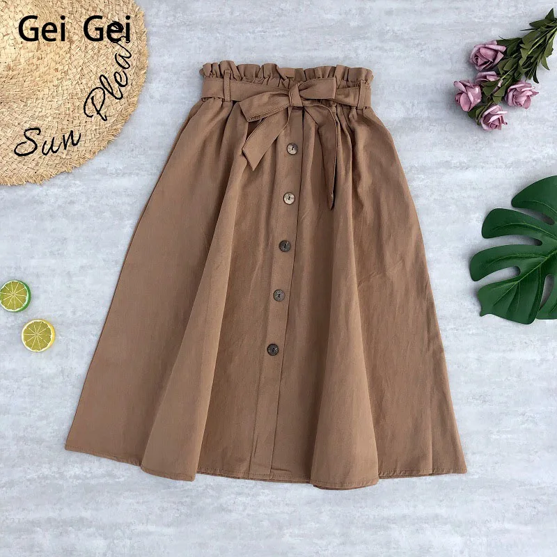 Женская юбка на пуговицах Повседневная однотонная трапециевидная средней длины