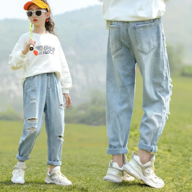 

Girls Pants Spring Teenage Girls Ripped Jeans for Girls Hole Pencil Pants 8 10 12 Y Student Children Casual Jeans Kids Trousers