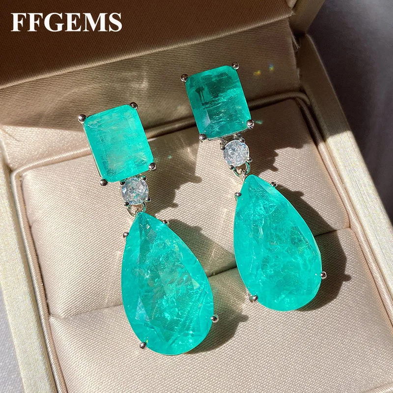 

FFGems Brazilian Paraiba Emerald Tourmaline silver Earring Created Blue stone Square for Women Fine Jewelry wholesale Party Gift