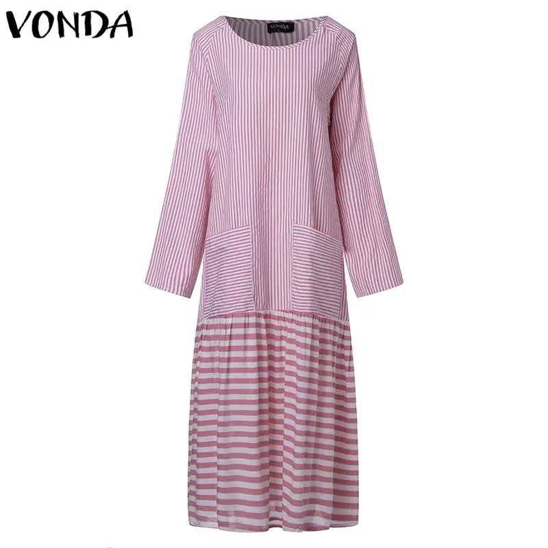 Сексуальные Полосатые лоскутные платья VONDA, женское длинное платье, осень, круглый вырез, длинный рукав, большие качели, повседневные, свободные, Vestidos размера плюс - Цвет: Красный