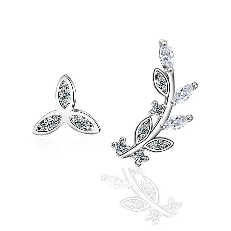 

Women Earring Silver Elegance Crystal Asymmetry Twig Leaves AAA Zircon Stud Earring Gift Lady Girl Gift Fashion Jewelry