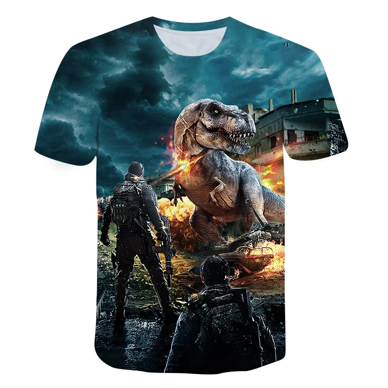 

2021 Summer Short Sleeve Round Neck Print Boy T-shirt American Blockbuster Jurassic Park Period Dinosaur HD Print Teen Top
