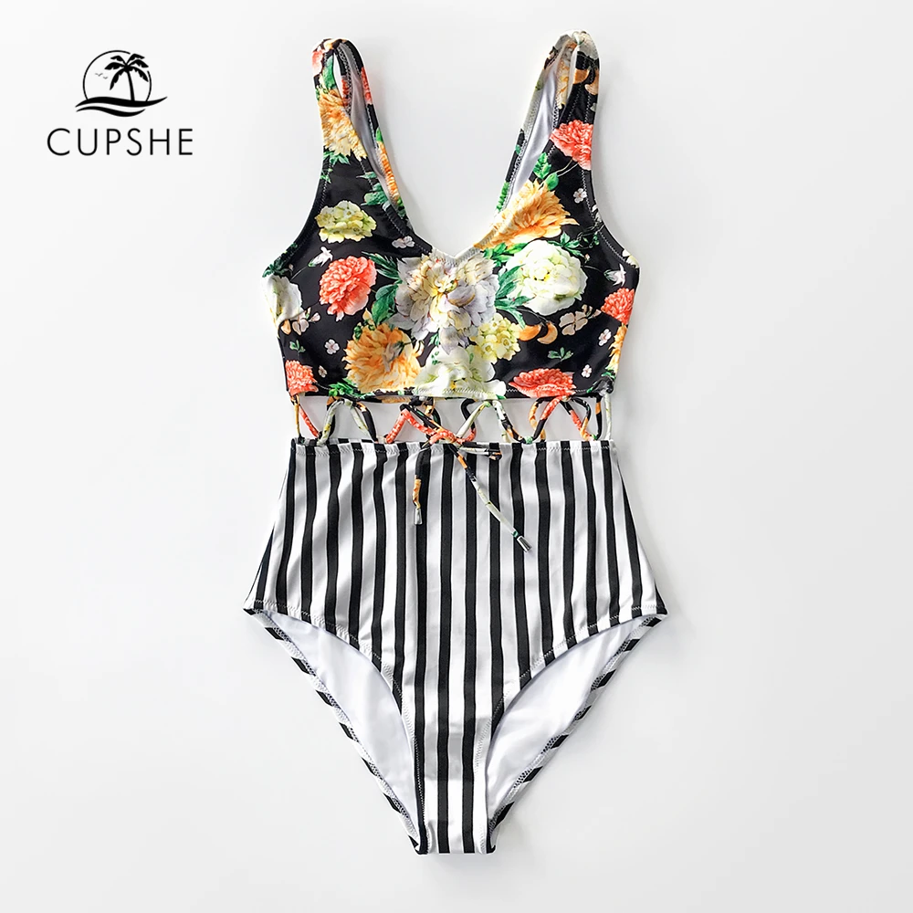 CUPSHE цветочный и Полосатый Цельный купальник с вырезами на талии женский