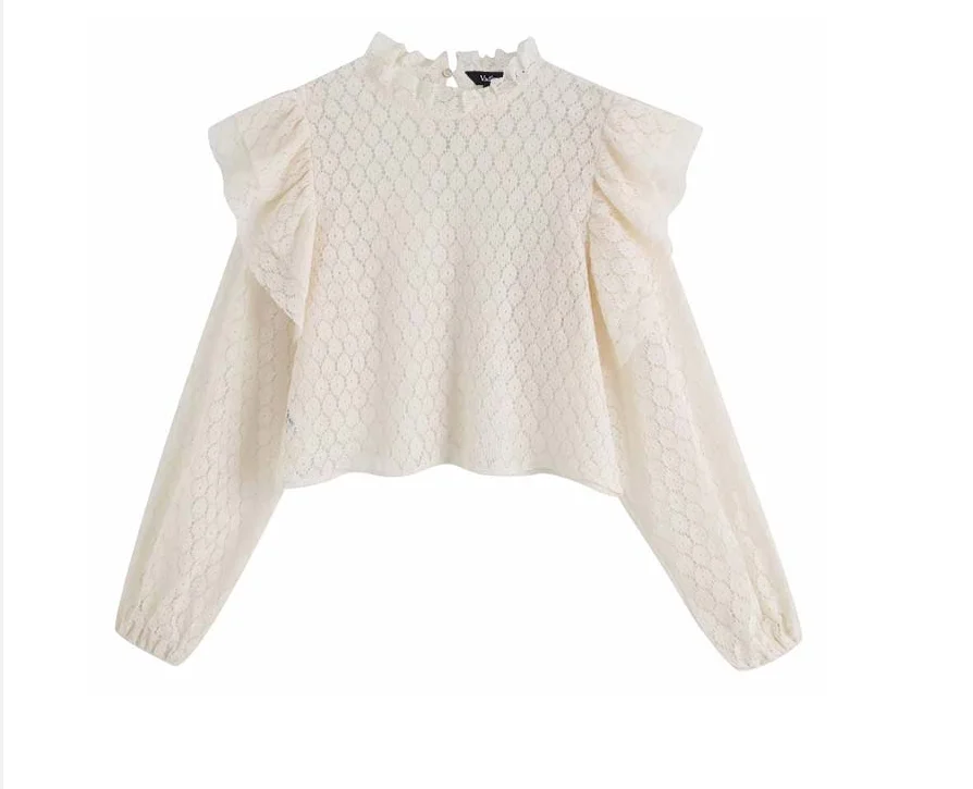 women sweet ruffles crop tops long sleeve solid female casual beige blouses summer hollow out chic shirts blusas |