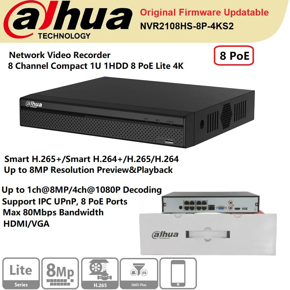 

Видеорегистратор сеть Dahua, 8 каналов, 1U 1HDD 8PoE Lite 4K H.265, поддержка IP-камеры UPnP HDMI/VGA
