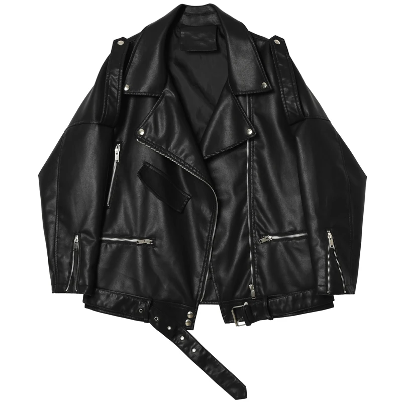 Trendy Spring Autumn Women Faux Soft Leather Loose Jacket Coat Turndown Collar Zipper Moto Biker Overcoat Female Punk Outwear