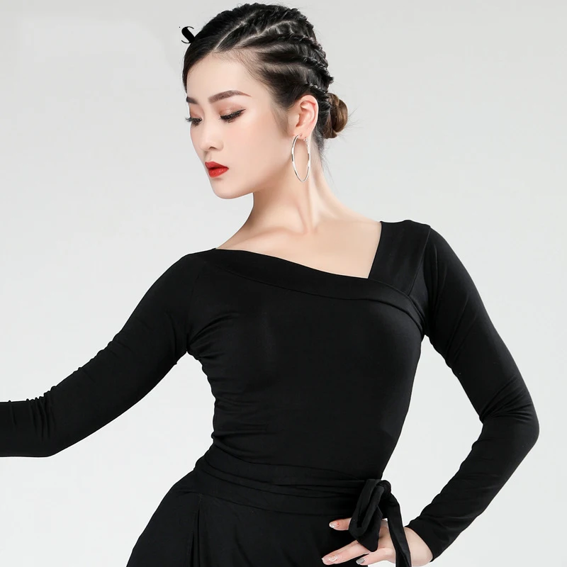 

Женские костюмы для латиноамериканских танцев, черные топы с длинным рукавом, рубашки, одежда для тренировок, платья для конкурсов латиноам...