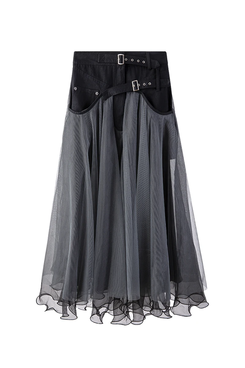 

DEAT 2021 new spring and summer fashion women clothes high waist A-line mesh patchwork halfbody skirt female bottoms WP9600