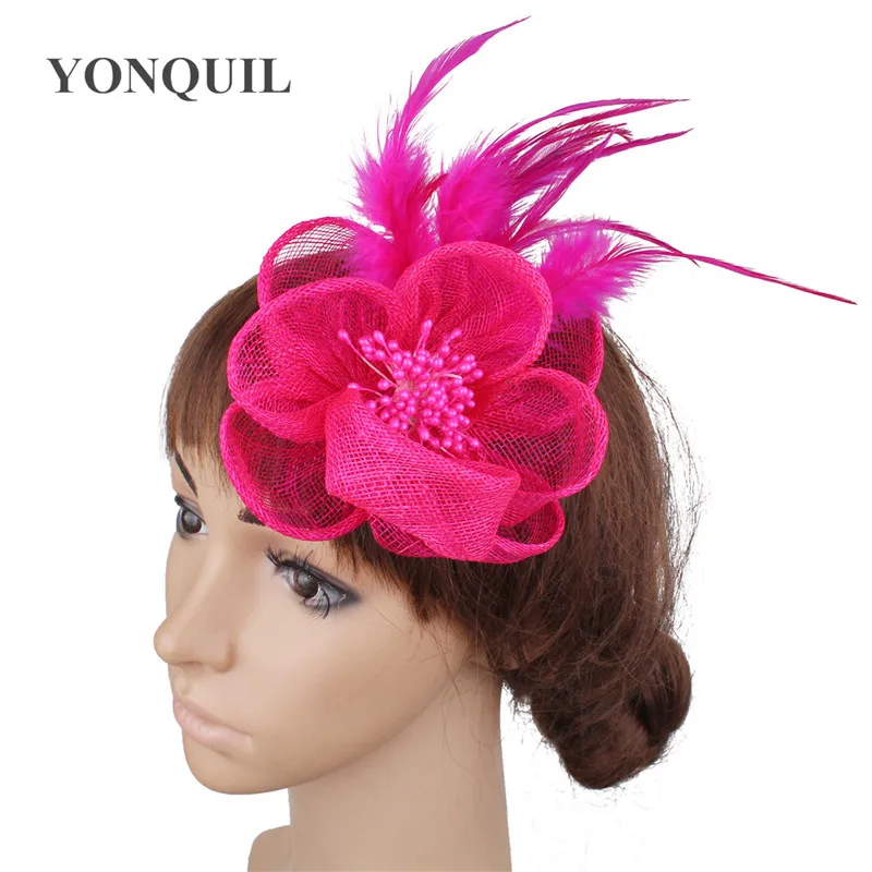 

Ярко-розовый цветочный головной убор Sinamay, женские вуалетки, аксессуары для волос, заколка для волос с изящными перьями, головной убор для эл...