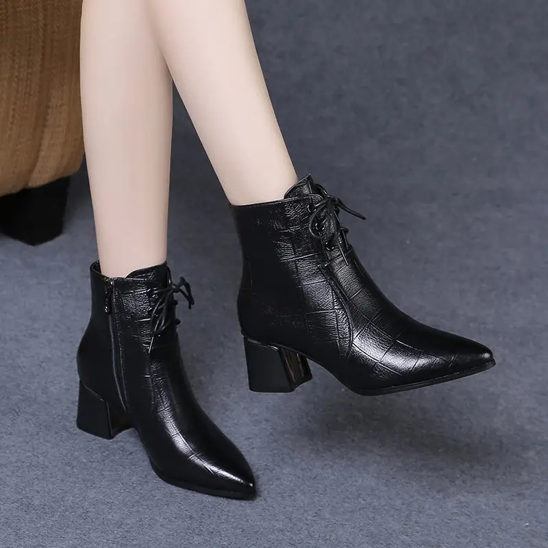 

FHANCHU Women Leather Short Boots,2021 NEW Pointed toe Autumn Shoes,Ankle Botas,Thick Heel,Side Zip,BLACK,Brown,Dropshipping