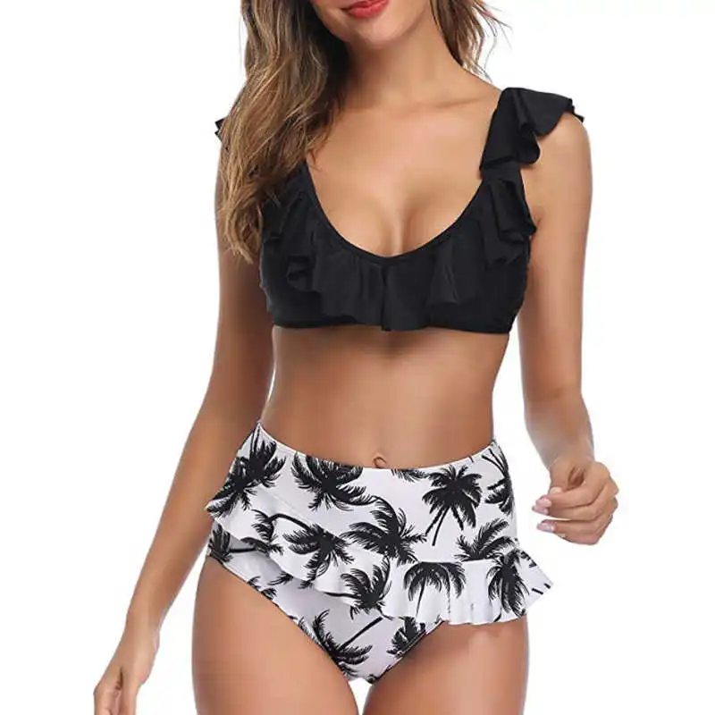 

Sexy High Waist Bikinis 2021 New Print Swimwear Women Swimsuit Shoulder Ruffle Bathing Suits Beach Wear Push Up Biquini Female
