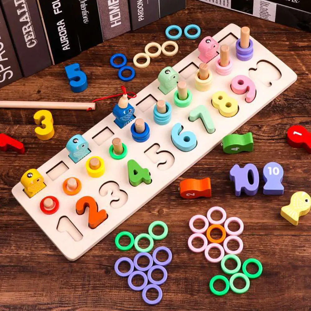 Child Wooden Digital Computing Building Shape Matching Cognitive 3-in-one Hands-on ability magnetic Fishing Log Board Puzzle Toy | Игрушки и