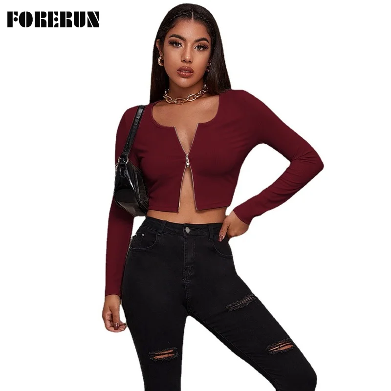 

FORERUN2021 Knit Cardigan Crop Top Women Solid Ribbed Sweater Double Zipper Slim Sexy Long Sleeve Autumn Winter Tops Sales!