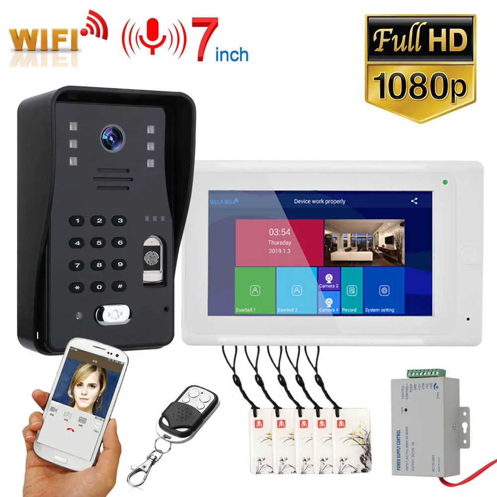 

7 Inch Wifi Wireless Video Door Phone Doorbell Intercom System with Wired Fingerprint RFID AHD 1080P Door Access Control System