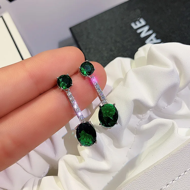 CHARLINLIOL винтажные серебряные серьги для женщин Круглый вырез зеленый циркон ослепительные длинные висячие серьги Свадебные украшения для вечеринок - Окраска металла: Silver