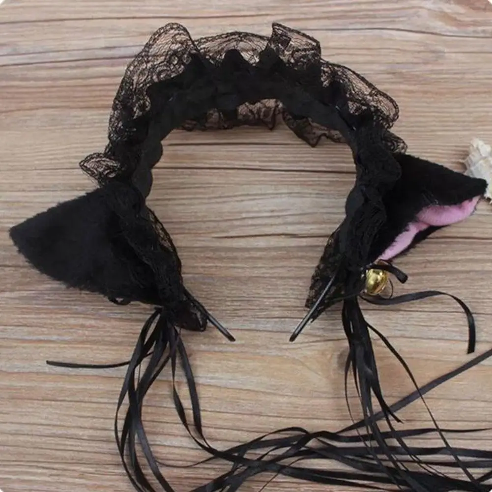 Ободок для волос Женский кружевной с оборками и кошачьими ушками плюшевый