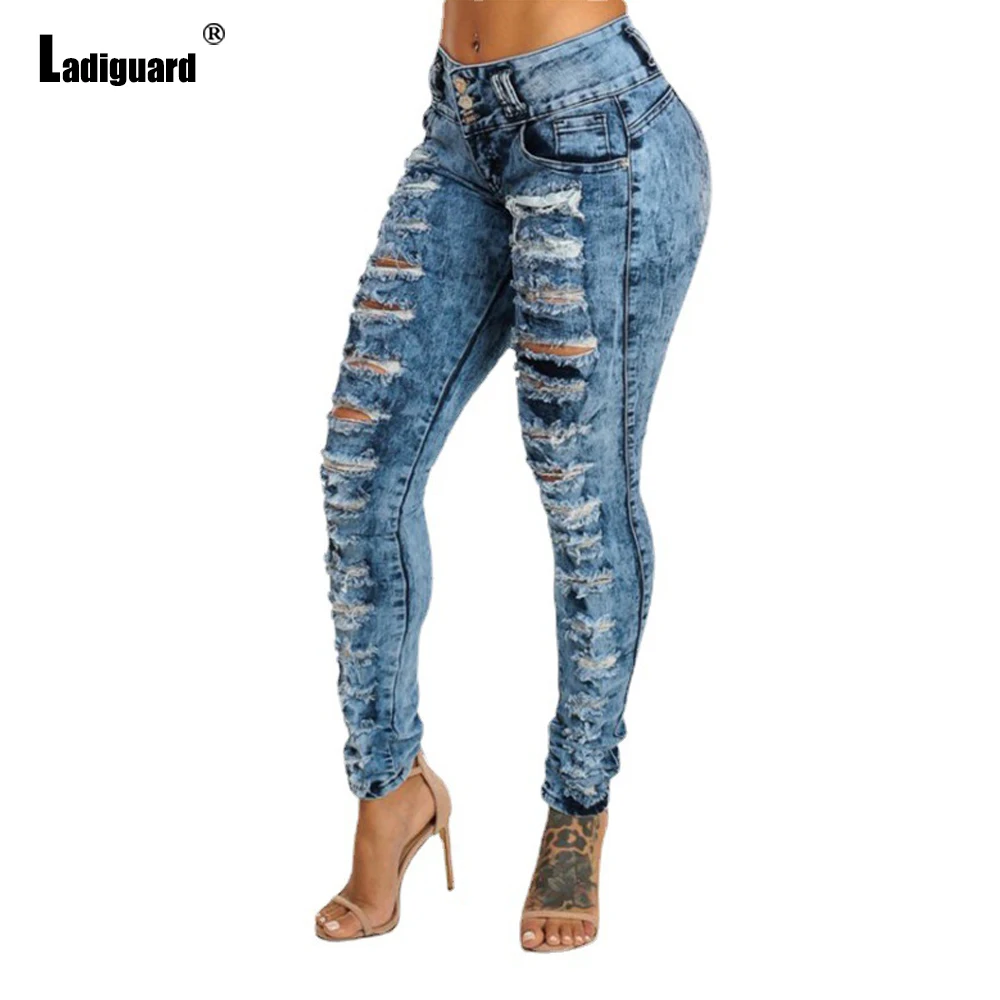 Women's Hole Jeans Sexy Ripped Denim Pants Ladies Spliced Fashion Shredded Pencil Trouser Vintage Jean Pants Vaqueros Mujer 2021