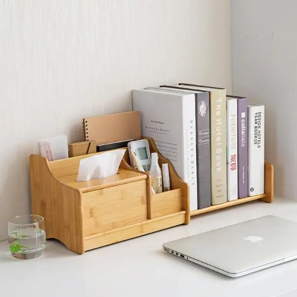 Office Accessories Bamboo Paper Tray Retractable Book Shelf Desk Organizer Magazine Holder Stationery Storage Rack