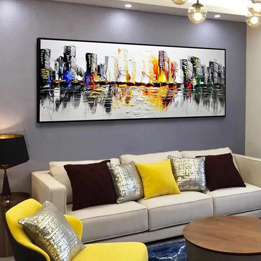 

Handmade Abstract City Landscape Canvas Painting For Living Room Aisle Fashion Bar Pub Wall Art Hand Painted Picture Decoration