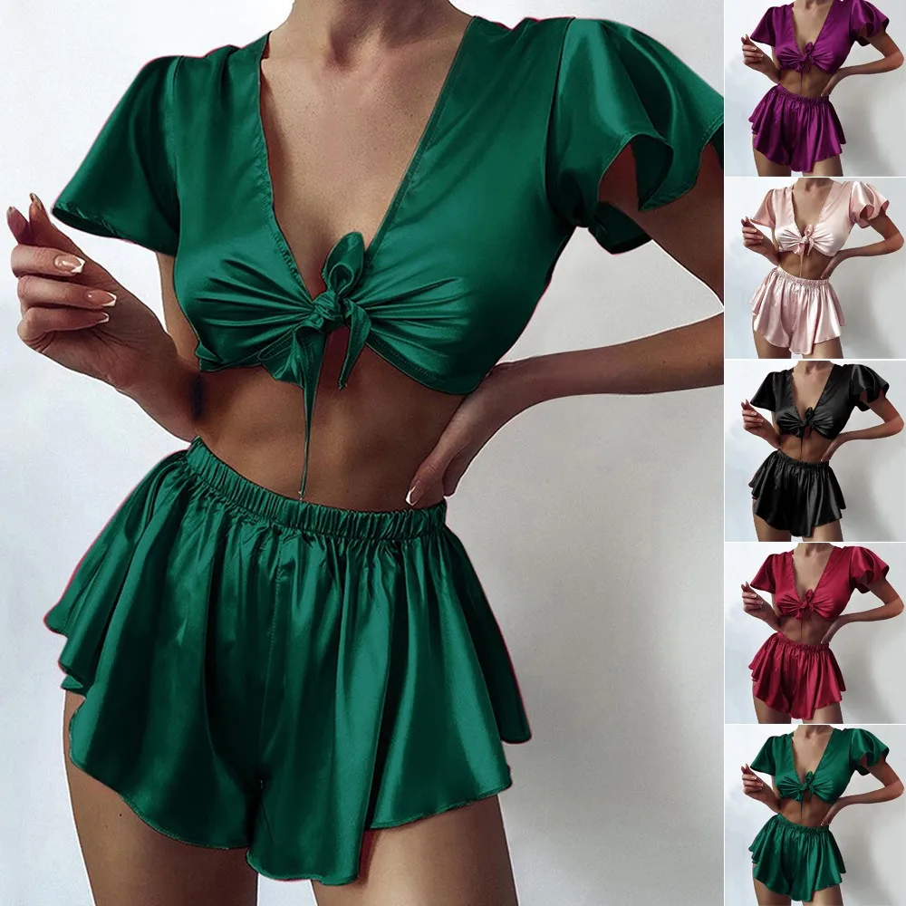 

Women 2Pieces Lingerie Satin Underwear Sets V-neck Solid Color Ruffled Crop Top Camisole+Shorts Pajamas Set Sleepwear Homewear