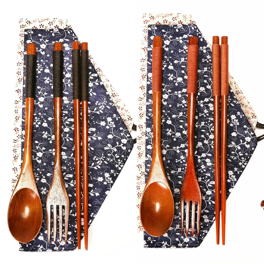 

Outdoor Camping Cutlery Set Natural Wooden Spoon Fork Chopsticks With Bag Japanese Tableware Sets Hiking Camping Accessories