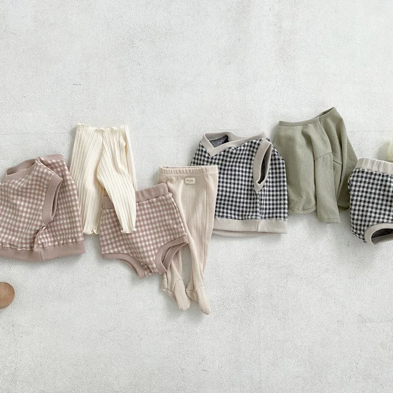 Conjunto de ropa para beb&eacute;, chaleco bonito a cuadros + Pantalones de Pp, 2 uds., traje infantil, conjunto sin mangas, trajes de Ni&ntilde;os Peque&ntilde;os 2021-4