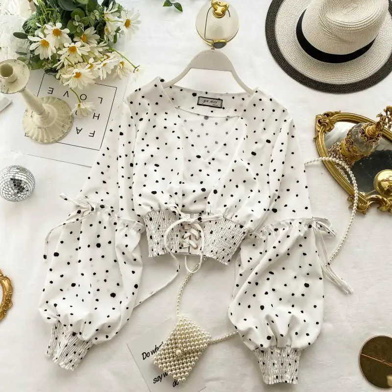 Polka Dot Short Women Blouses and Tops Sexy V Neck Bandage Chic 2020 Puff Sleeve Shirts Spring Korean Blusas 13627 | Женская одежда