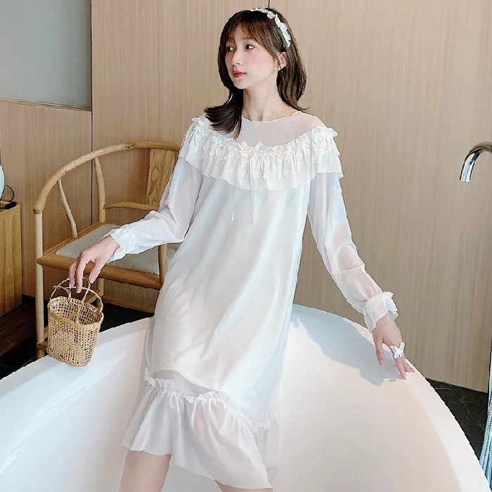 Spring 2021 New Nightdress Women's Thin Cotton Nightgown Lace  Nightwear Long Sleeve Long Skirt Gauze Mesh Home Wear Sleepwear