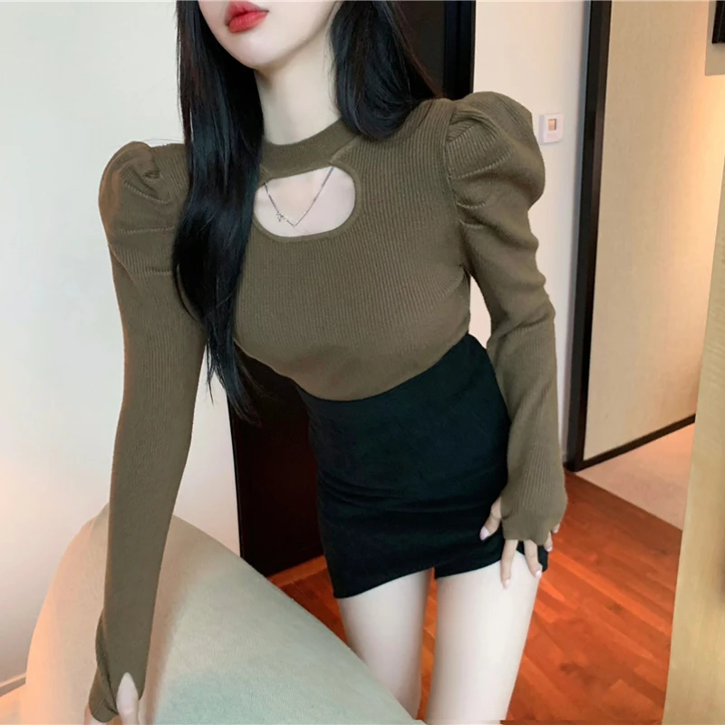 

Корейский вязаный свитер с пышными рукавами, Женский Топ, новинка сезона осень-зима 2021, толстые облегающие привлекательные вязаные свитера ...