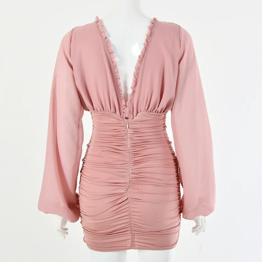 

New Chiffon Summer Autumn Dress Women 2021 Sexy Long Sleeve Slim Elastic Bodycon Bandage Dress Short Pleated Party Dresses