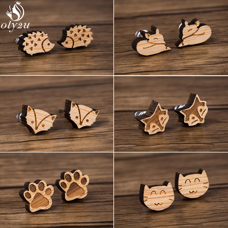 Oly2u винтажные деревянные серьги геометрические ювелирные изделия милые животные