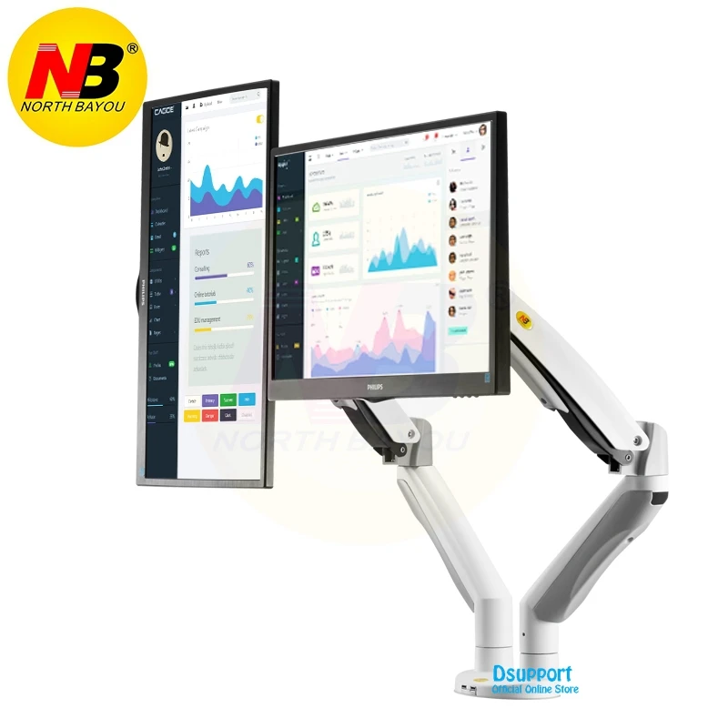 NB F195A алюминиевый сплав 22-32 дюймов двойной ЖК-светодиодный монитор крепление газовая пружинная рукоятка полное Движение монитор держатель Поддержка с 2 usb-портами - Цвет: White