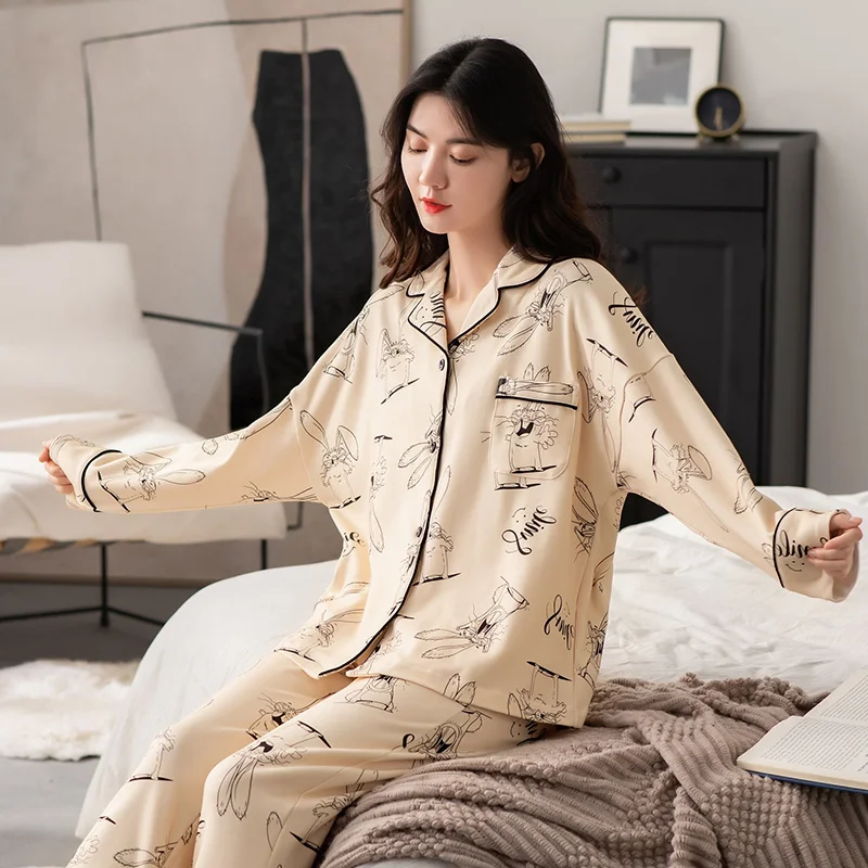 

BZEL New Women Cotton Sleepwear Sets Cartoon Casual Home Suit Long Sleeves Long Pants Pajamas Large Size Pijamas Comfort Pyjamas