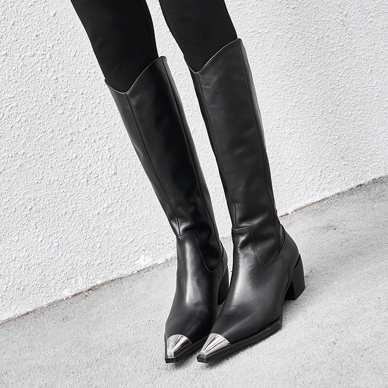 Новые Высокие сапоги до колена из искусственной кожи с металлическим квадратным