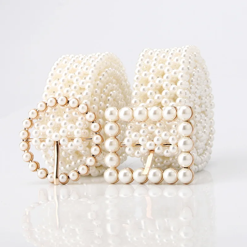 

Women Inlaid Pearl Girdle Hollow Out Square Round Buckle Belt Pearls Beaded Wasit Chain Belt Dress Decoration Wide Waistbands