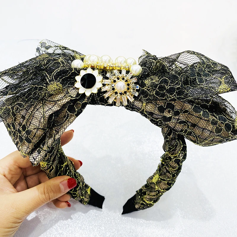 

Winter Big Lace Headband Bow Wide Hairband Bowknot Hairhoop Women Elegant Sweetheart Pearl Girl Hair Accessories