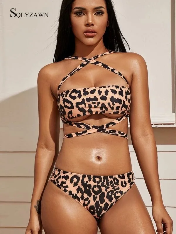 

Halter Off Shoulder Leopard Swimsuit Sexy Summer Lace Up Bracelet Crop Top Beachwear Bathing Suit Bandages Push Up Bikini Sets