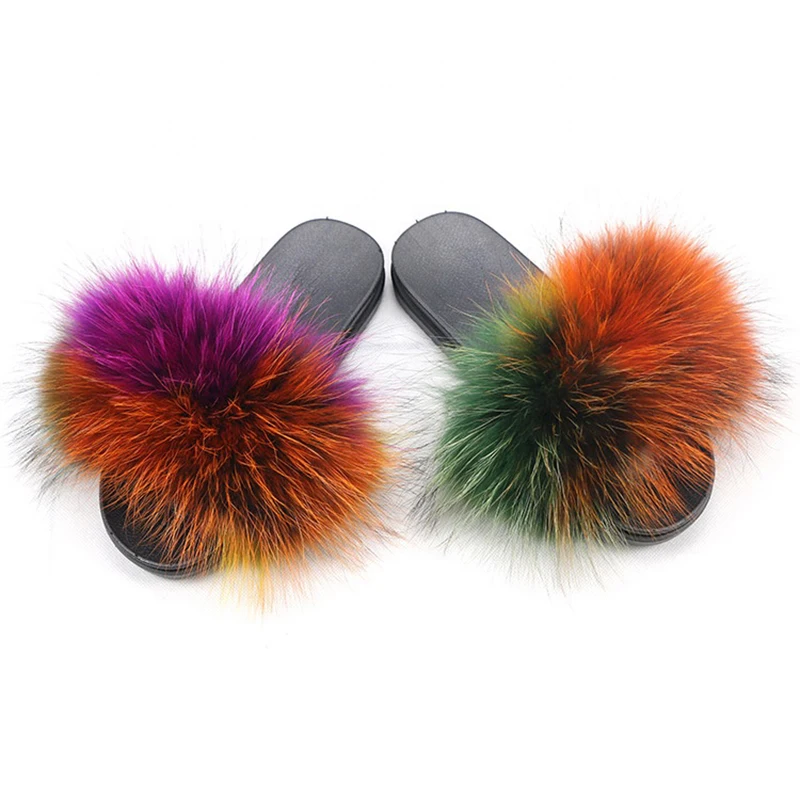 

Slides For Women Colorful Raccoon Fur Slippers Real Fur Slides Female Sandals Women Shoes Home Cute Plush Shoes