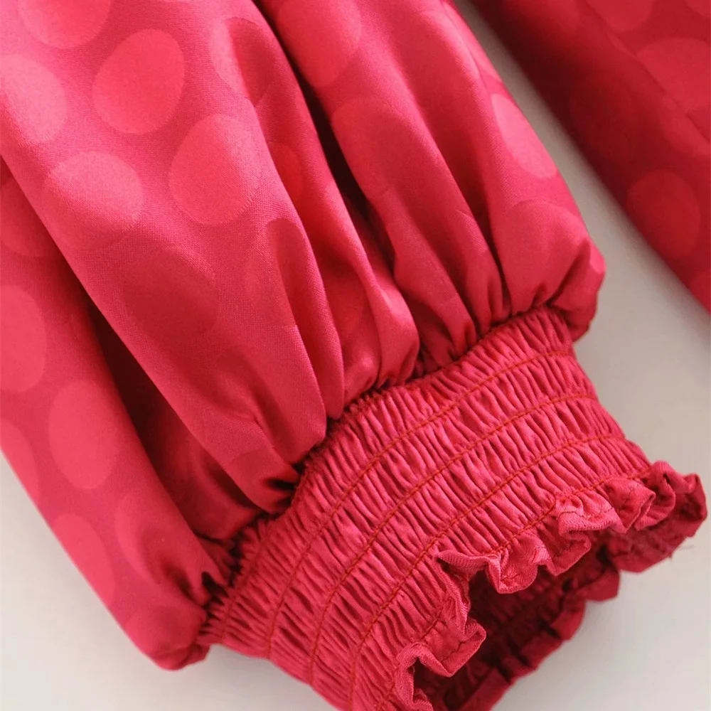 women's new fall double breasted V-Neck long sleeve front pleated with lined Polka Dot Satin Mini Dress 08342307630 | Женская одежда