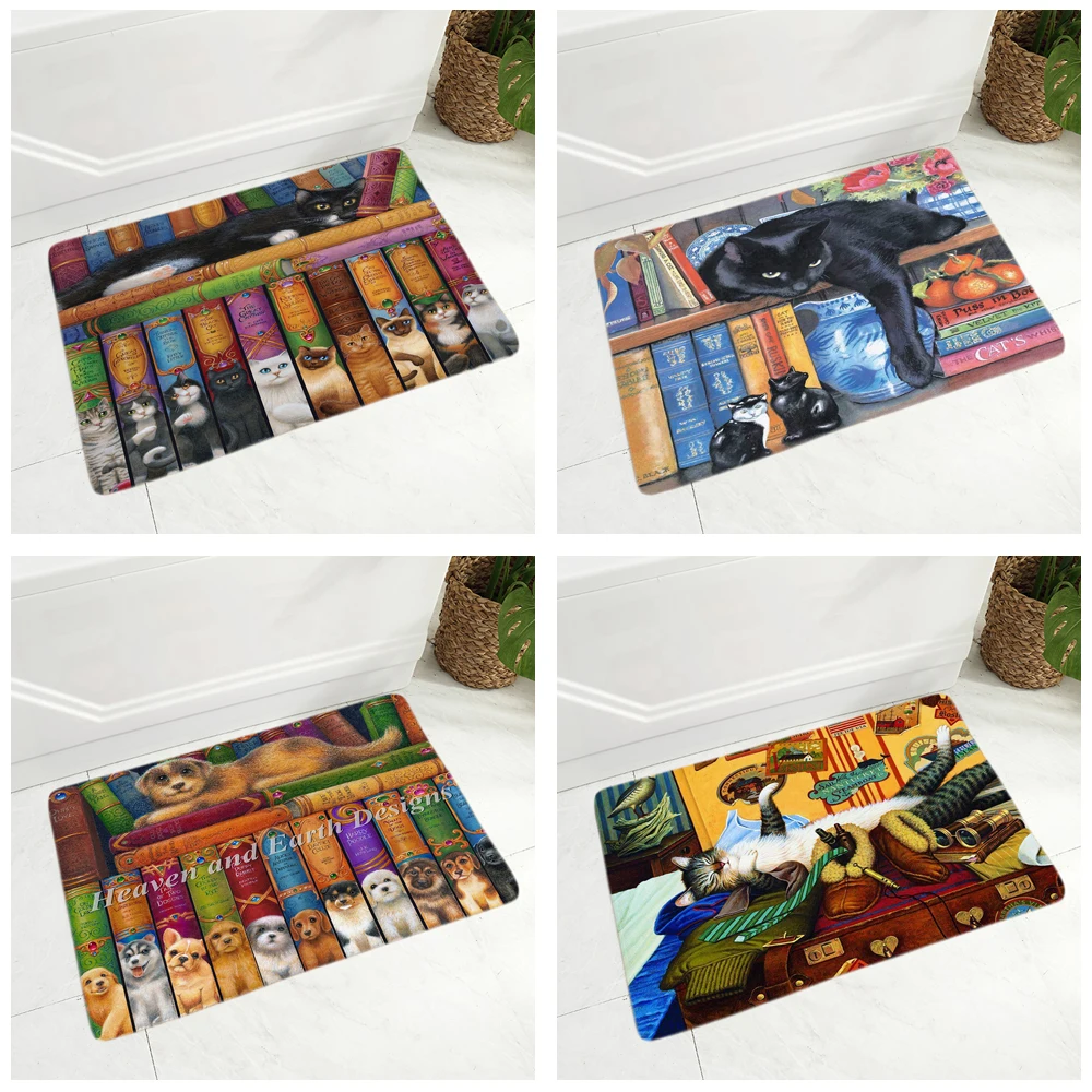 

Cute Book Cat Party Floor Mat for Children Room Non-Slip Decor Lovely Cartoon Pet Animal Doormat Flannel Carpet 40x60cm