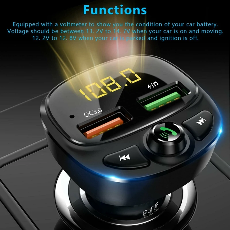

Wireless Bluetooth 5.0 FM Transmitter QC3.0 Hands-Free Radio AUX Adapter USB Car for Car Electronic Black
