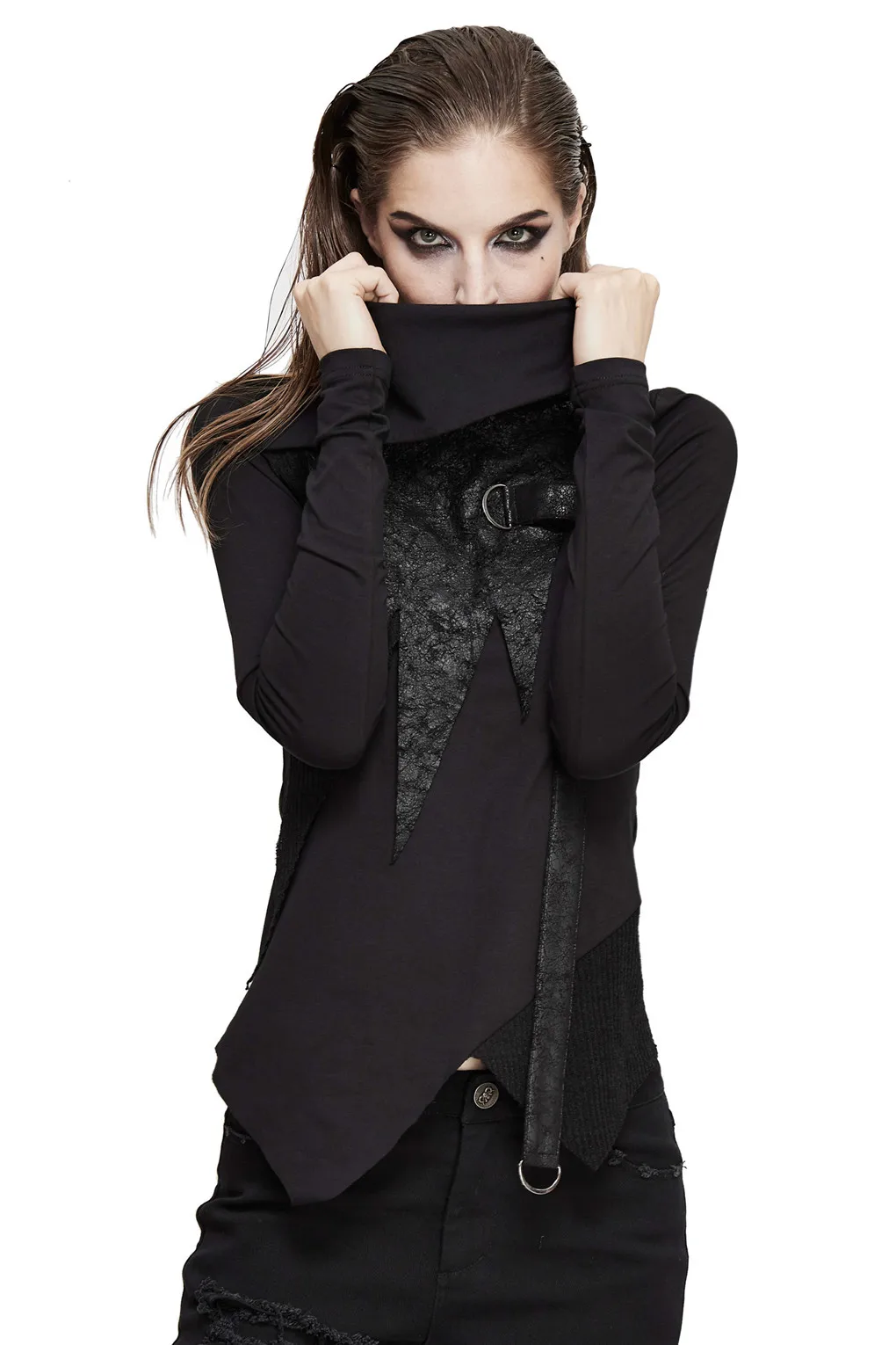 

Devil Fashion Women's Punk Daily Long Sleeve T-shirt Female High Neck Irregular Hem Large Sizes Casual Tops