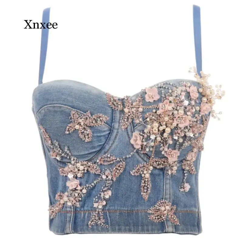 Платье с цветочным узором украшенное жемчужинами бусины джинсовые бюстье