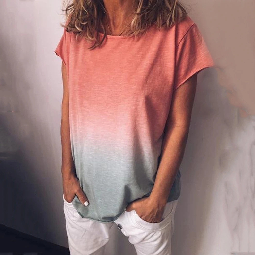 2019 Летняя женская футболка с коротким рукавом цветная градиентным принтом