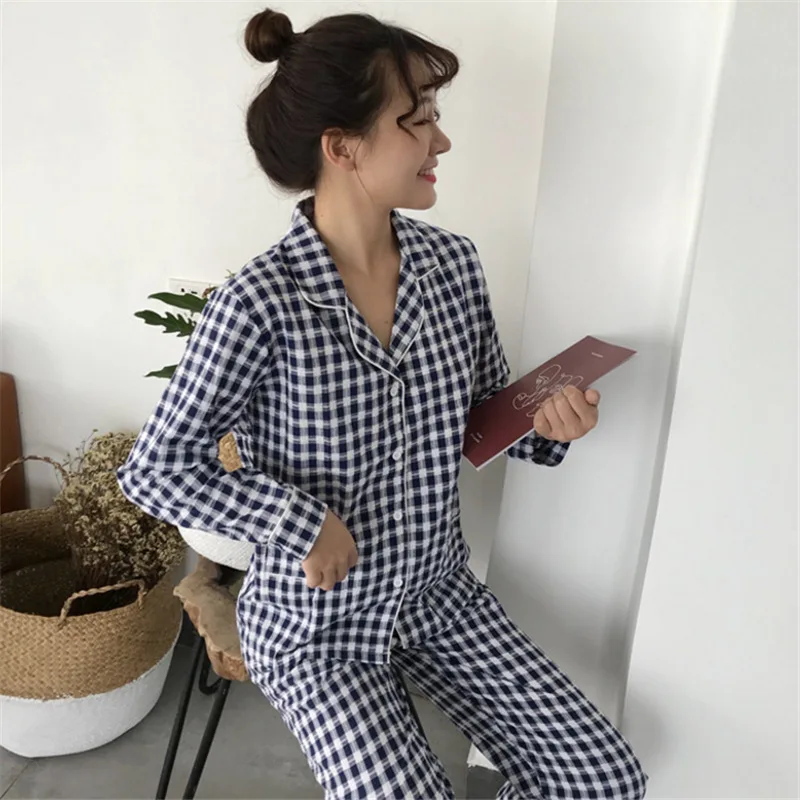 t Blue Новые пижамы для женщин корейские свободные пижамы с длинными рукавами клетчатые пижамы женские хлопковые повседневные комплекты из 2 предметов Pigiama Donna Прямая поставка - Цвет: t Blue