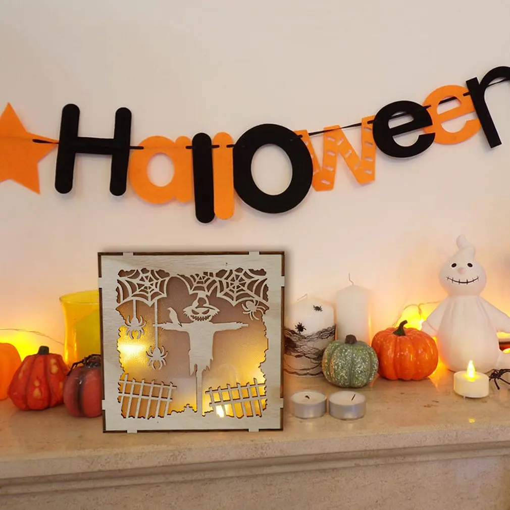 Wooden Halloween LED Light Pendant Square Laser Hollow Pumpkin Man Spider Net Three-dimensional Decoration Ornament | Лампы и