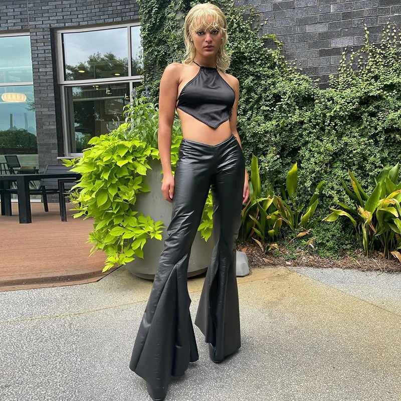 Y2K Vintage Black PU Leather Flare Trousers Women Low Waist Back Tie-up  Bell-Bottoms Pants Harajuku Punk Streetwear - купить по выгодной цене |  AliExpress